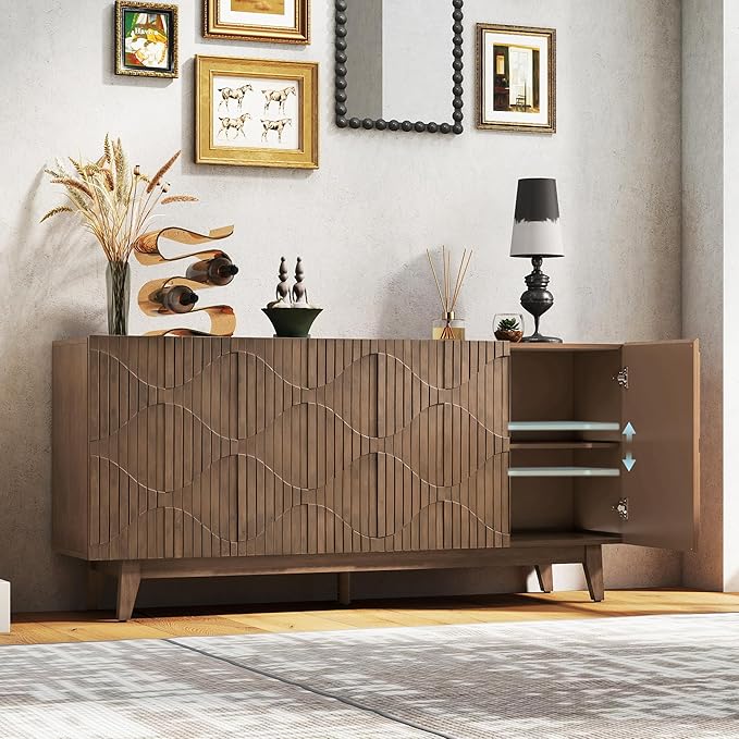 Buffet Cabinet with Storage, Distressed Storage Cabinet with 4 Carved Doors and Adjustable Shelf, Wooden Accent Sideboard Buffet Cabinets for Kitchen, Living Room, Entryway, Brown