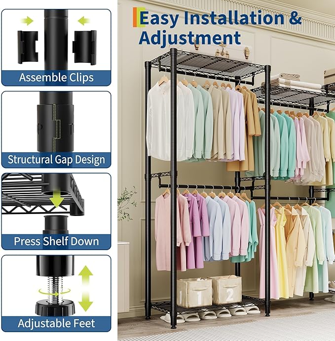 4-Tier Heavy Duty Clothes Rack, 1430LBS Load, Sturdy Metal Garment Rack with Wire Shelves, Multi-Functional Wardrobe Closet with Hanger Rods for Hanging Clothes, 15.5" D x 67.6" W x 76.5" H