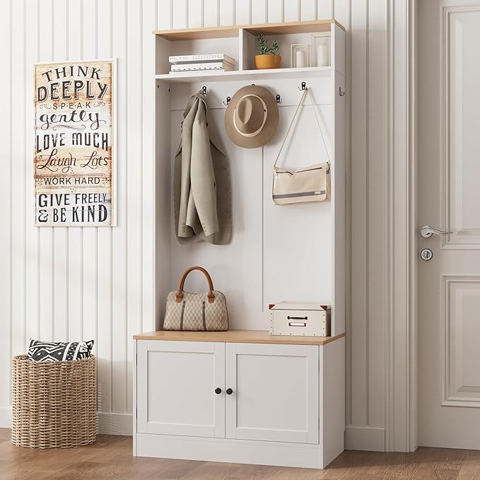 Entryway Hall Tree with Bench and Storage, 5-in-1 Farmhouse Coat Rack with 7 Hooks, Bench with Coat Rack with Storage Shelves for Hallway, Hallway, White
