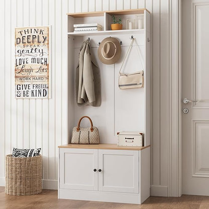 Entryway Hall Tree with Bench and Storage, 5-in-1 Farmhouse Coat Rack with 7 Hooks, Bench with Coat Rack with Storage Shelves for Hallway, Hallway, White