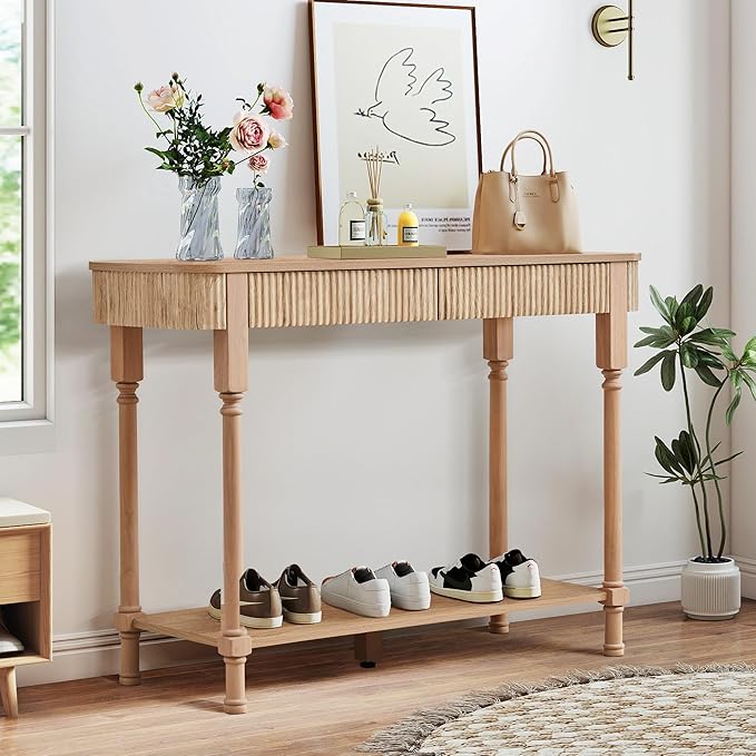 Fluted Console Table for Entryway, 43.3'' Narrow Entryway Tables with 2 Wooden Drawers, Retro Sofa Table Behind Couch Accent Tables for Foyer, Living Room, Hallway (Natural)