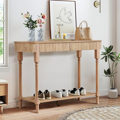 Fluted Console Table for Entryway, 43.3'' Narrow Entryway Tables with 2 Wooden Drawers, Retro Sofa Table Behind Couch Accent Tables for Foyer, Living Room, Hallway (Natural)