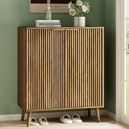 Fluted Shoe Cabinet with Doors,5-Tier Freestanding Shoe Storage Cabinet with Adjustable Shelves, Wooden Shoe Rack Organizer Cabinet for Entryway,Hallway,Natural Oak