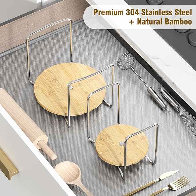 Dish Rack for Kitchen Counter - Bamboo Plate Organizer for Cabinet Space Saver, 2Pcs Adjust 8.5" to 12.5" Stainless Steel Plate and Bowl Holder with Portable Handle for Drawer Cupboard Shelf RV