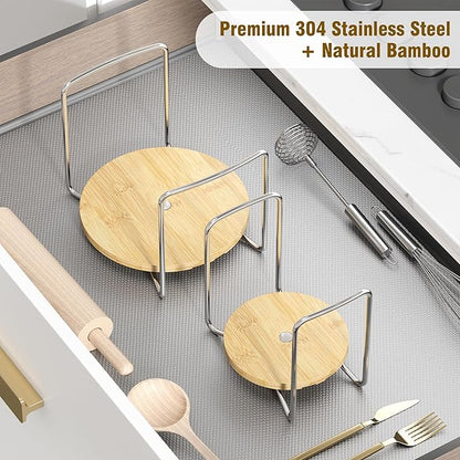 Dish Rack for Kitchen Counter - Bamboo Plate Organizer for Cabinet Space Saver, 2Pcs Adjust 8.5" to 12.5" Stainless Steel Plate and Bowl Holder with Portable Handle for Drawer Cupboard Shelf RV
