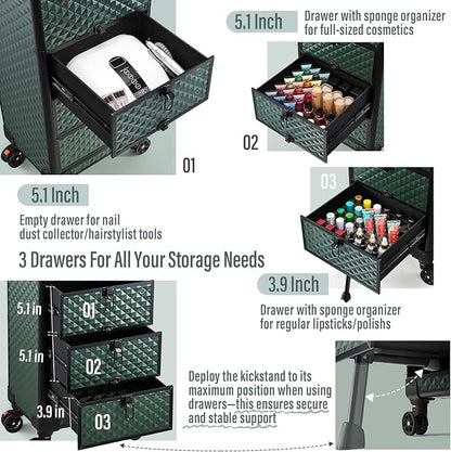 Yueieoun Nail Trolley Cart with 3 Drawers, Salon Station Cosmetology Case on Wheels Rolling Makeup Train Case Nail Case Organizer Beauty Salon Travel Case for Nailart,SPA,Hairstylist,Artist,Dark Green