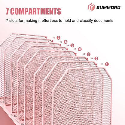 SUMMORO Inclined File Organizer for Desk, 7-Tier Vertical File Folder Holder Office Desk Organizer Metal Rack File Wire Mesh Desktop Document Sorter for Office School Classroom Home (Pink)