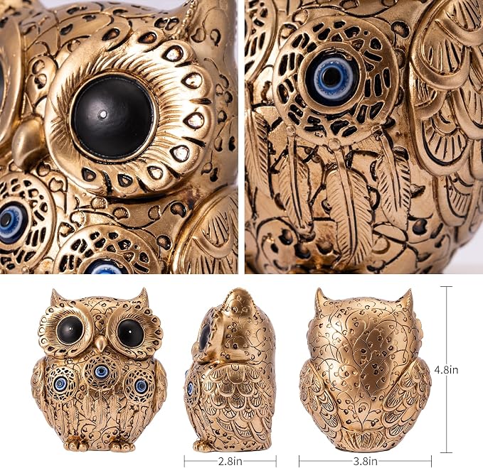 TOHLUCS Owl Statue Home Decor Accents with Evil Eye.Gold Decor for Bookshelf, Bedroom, Living Room, Office, Table and Shelf.Vintage Owl Figurines Gifts for Birds Lover.Cute Small Animal Sculptures.