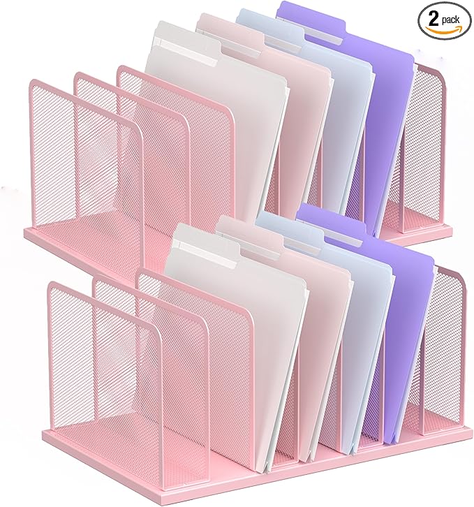 Kuntine.B Desk File Organizer Upright Mesh Desktop Organizer File Sorter Office Organization File Holder for Home, Office & Classroom (Pink, 2 Pack 7-Section)