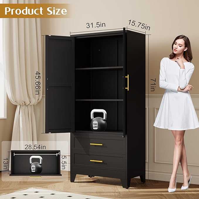 Steel Pantry Cabinet, 71" Metal Storage Cabinets with 2 Doors, 2 Adjustable Shelf and 2 Drawers, Freestanding Storage Cabinet for Bedroom, Kitchen, Home Office (Black)
