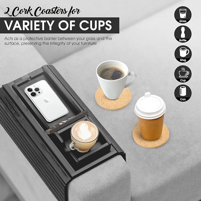 Couch Cup Holder Tray with 2 Cork Coasters, Couch Arm Tray, 2 in 1 Anti-Slip Foldable Sofa Arm Tray, Couch Armrest Table, Anti-Spill Couch Arm Table for Drinks TV Remote Cellphone Snacks (Black)