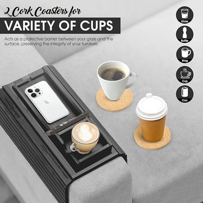 Couch Cup Holder Tray with 2 Cork Coasters, Couch Arm Tray, 2 in 1 Anti-Slip Foldable Sofa Arm Tray, Couch Armrest Table, Anti-Spill Couch Arm Table for Drinks TV Remote Cellphone Snacks (Black)