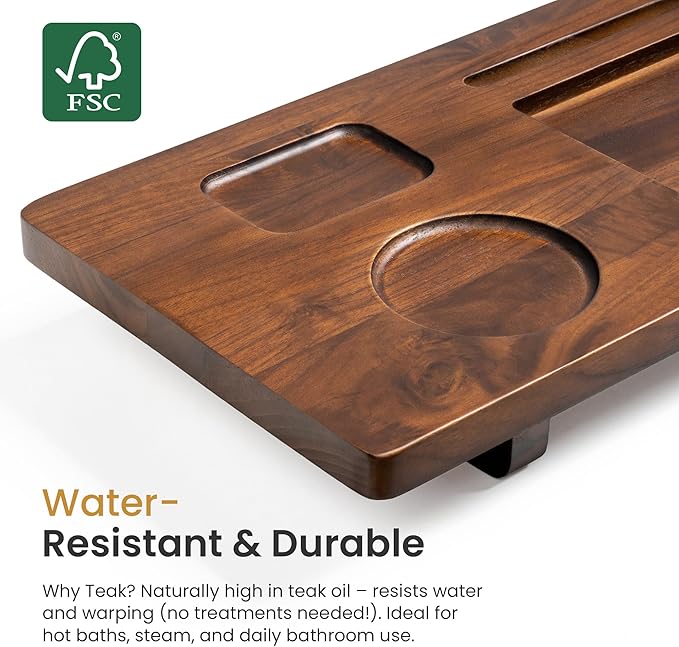 Teak Bathtub Tray for Freestanding Tubs - 29" Heavy-Duty Luxury Bath Caddy, Non-Slip Zero-Wobble Design, Water-Resistant Spa Organizer with Wine Glass & Phone Holder