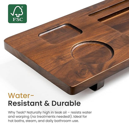 Teak Bathtub Tray for Freestanding Tubs - 29" Heavy-Duty Luxury Bath Caddy, Non-Slip Zero-Wobble Design, Water-Resistant Spa Organizer with Wine Glass & Phone Holder