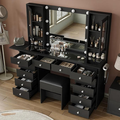 Vanity with Power Outlet, Vanity Desk with Mirror and 10 LED Lights, Makeup Vanity with 12 Drawers and 2 Cabinets, Fold-up Panel, Glass Top Dressing Table with Chair for Bedroom, Black