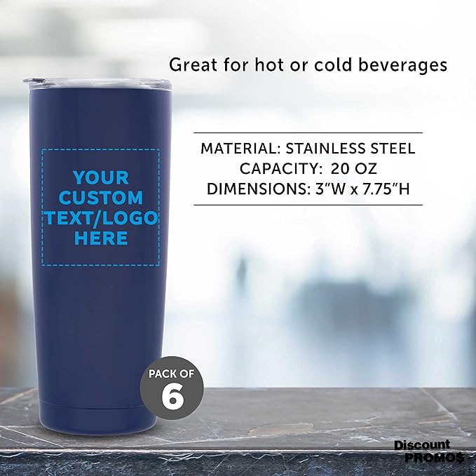 Custom Pipette Stainless Steel Coffee Tumblers 20 oz. Set of 6, Personalized Bulk Pack - Double Wall, Perfect for Coffee, Hot Cocoa, Other Hot & Cold Beverages - Blue