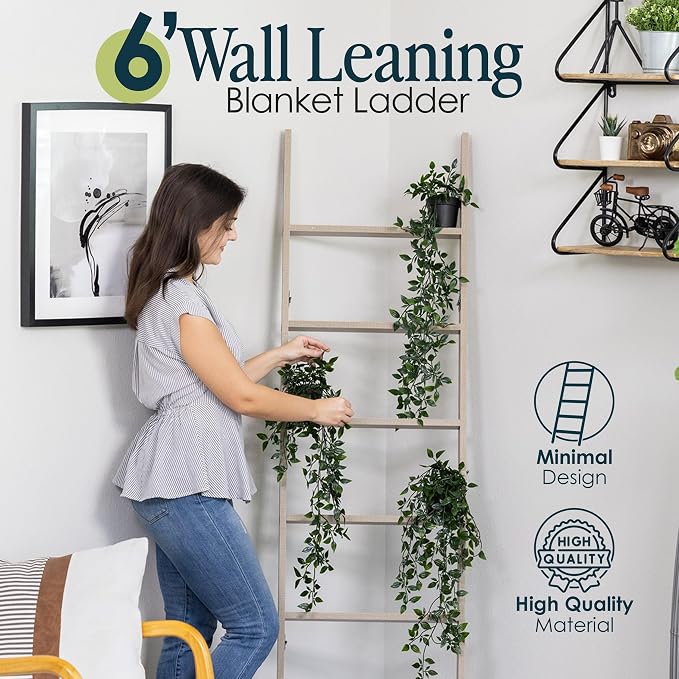 Blanket Ladder for Living Room and Bedroom, 5ft 8 inch, 6-Tier Wall Leaning Laminate No-Snag Construction (Smokey Oak) Rustic Decorative Farmhouse Blanket Storage, Quilt Rack, Ladder Shelf