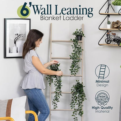 Blanket Ladder for Living Room and Bedroom, 5ft 8 inch, 6-Tier Wall Leaning Laminate No-Snag Construction (Smokey Oak) Rustic Decorative Farmhouse Blanket Storage, Quilt Rack, Ladder Shelf