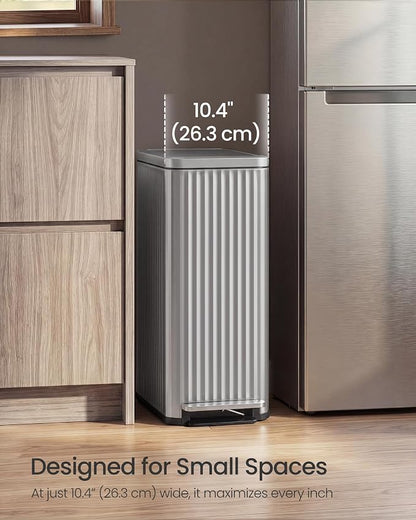 SONGMICS Trash Can, 13 Gallon (50 L) Slim Garbage Can for Kitchen, with Soft-Close Lid, Pedal, Removable Inner Bucket, Stainless Steel, 15 Trash Bags, Space-Saving, Metallic Silver ULTB350EZ01