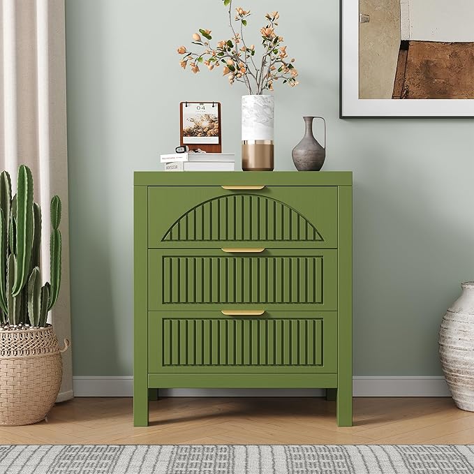 6 Drawer Dresser, Farmhouse Fluted Chest of Drawers, Wooden End Table, Mid- Century Modern Bedroom Nightstand Side Table for Bedrooms, Closets, Hallways, and Entryways, Green X2