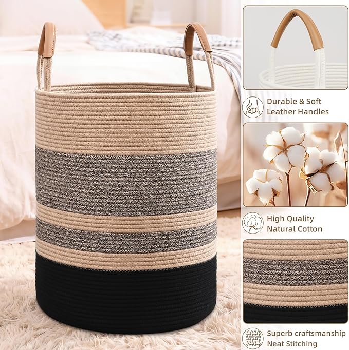 75L Striped Laundry Basket, Brown & Black Laundry Hamper with Leather Handles, Woven Cotton Rope Storage Bin for Blankets, Nursery Hamper for Clothes, Toys In Bathroom, Livingroom, Bedroom