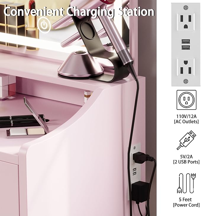 LIKIMIO Small Makeup Vanity Desk with Mirror and Lights, Vanity Table Set with Storage Drawer, Chair and Three Shelves, Bedroom, Pink