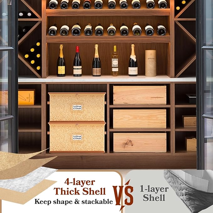 Wine Glass Storage Box with Dividers, Hard Shell, Stackable Glassware Storage Containers with Handles & Label, 10'' Tall Stemware Storage Cases for 12 Crystal Glasses Drinkware, Moving & Home Storage