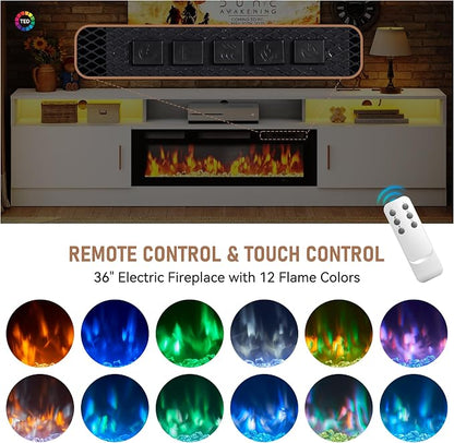MXV 78" Fireplace TV Stand with Power Outlet for TVs UP to 90", Electric Fireplace Entertainment Center with LED Lights & Storage Cabinets, TV Console for Living Room, Office, White-Black