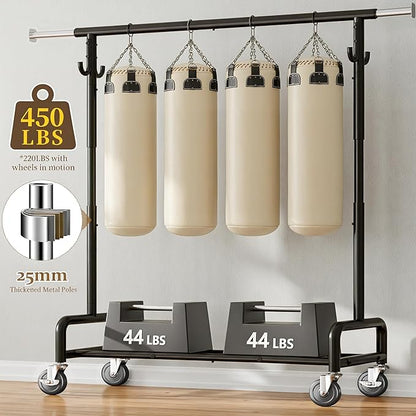Raybee 75" W Heavy Duty Clothes Rack Load 450 LBS, Metal Garment Storage with Shelf, Lockable Wheels & Anti-Slip Stoppers, Rolling Clothing Rack for Bedroom Laundry Room, Black
