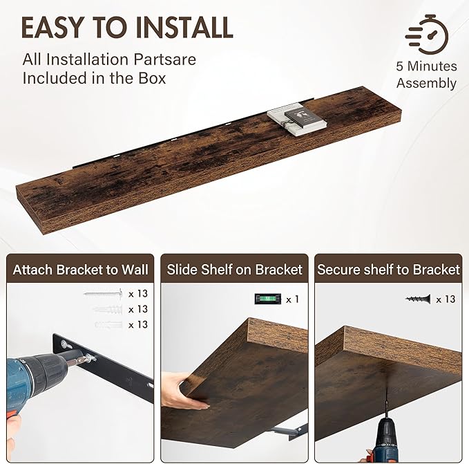 Acovy 72 Inch Floating Shelves, 12" Deep Floating Shelf Wall Mounted, 72" Wall Shelves, Rustic Deep Bookshelf, Extra Deeper & Thicker Display Shelves for Bedroom, Living Room, Brown, Set of 1