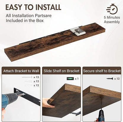 Acovy 72 Inch Floating Shelves, 12" Deep Floating Shelf Wall Mounted, 72" Wall Shelves, Rustic Deep Bookshelf, Extra Deeper & Thicker Display Shelves for Bedroom, Living Room, Brown, Set of 1