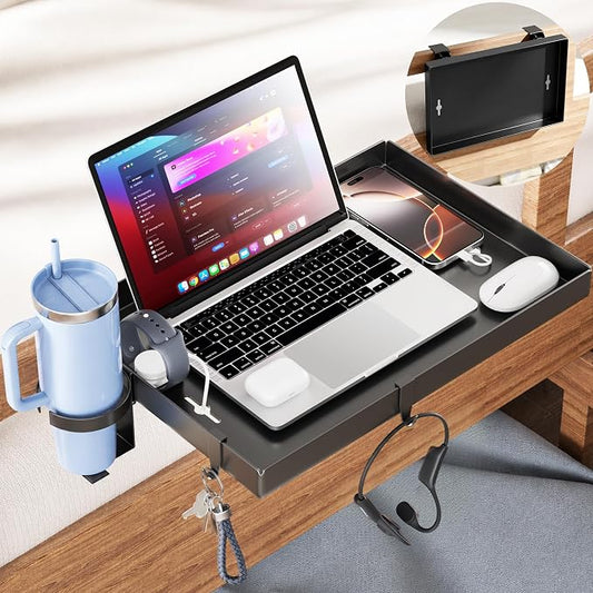 INNOPLUS Foldable Bedside Shelf, Heavy Duty Metal Clip-On Bed Tray Table for Top Bunk Beds,Floating Desk Tray for Dorm Room Essentials Loft Nightstand Organizer with Cup Holder & Cord Holes