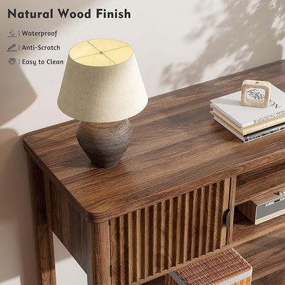 Console Table Fluted with 8 Storage Shelves & 2 Doors, Modern Sofa Table Behind Couch with Open Storage Shelf, Entry Table for Hallways,Entryway, Living Room,Wooden, Walnut Brown