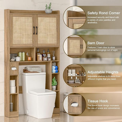 Over The Toilet Storage Cabinet, Farmhouse Toilet Cabinet Rack with Barn Doors, Space Saving Bathroom Organizer with Shelves,Toilet Paper Holder and Towel Rack for Bathroom,Restroom,Laundry,Rattan Oak