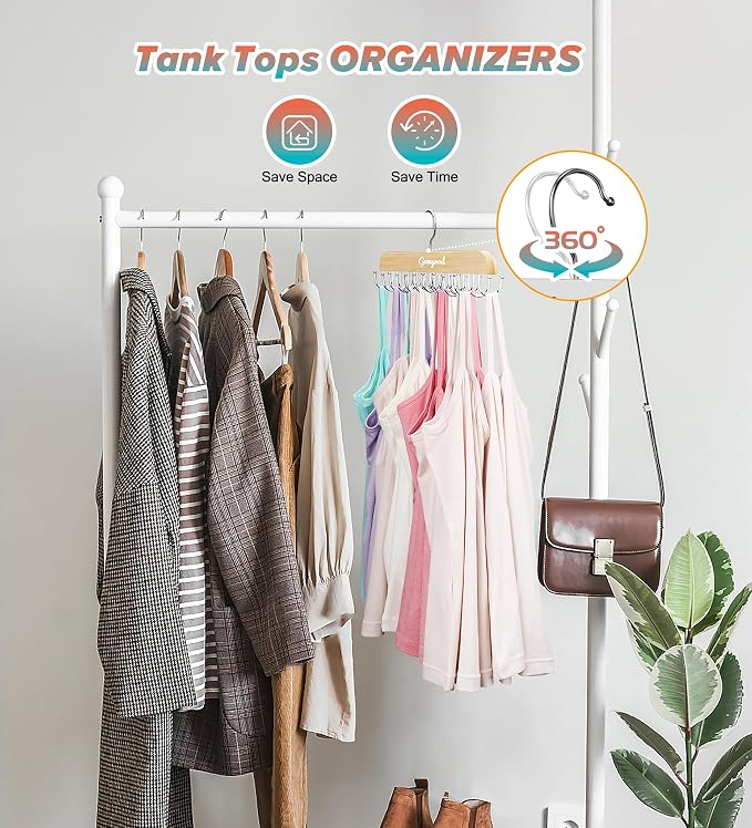 Gomyrod Bra Hanger for Closet, Tank Top Hanger w/20 Hooks Capacity Foldable Wood Space Saving Hangers, 360°Rotating Closet Organizers and Storage for Dorm & Apartment for Bra Scarf Ties(1 Pack)