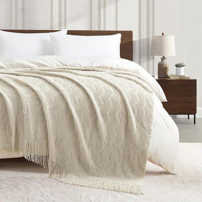 BOURINA Beige Throw Blanket 50x60 Inches Throw Textured Solid Soft Ripple Throws and Blankets for Sofa or Bed Knitted Decorative Throw