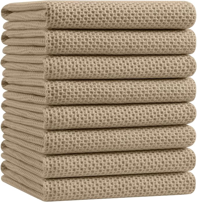 Homaxy 100% Cotton Oversized Waffle Weave Kitchen Dish Towels, Ultra Soft Absorbent Quick Drying Cleaning Towel, 20x28 Inches, 8-Pack, Tan