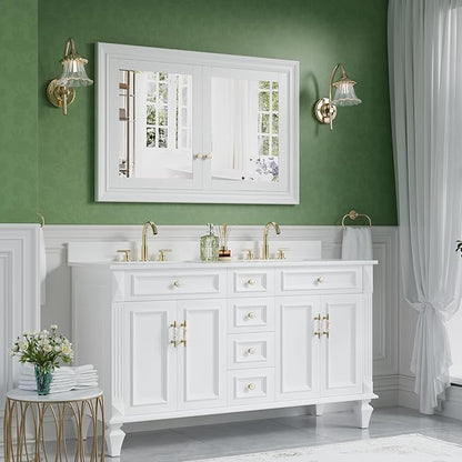 WELLFOR 48"x 32" Bathroom Medicine Cabinet with Dual Mirrors, Recessed Wood Medicine Cabinet with 6-Tier Adjustable Glass Shelves and Soft-Close Door