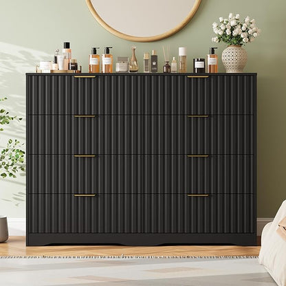 Fluted 8 Drawers Dresser for Bedroom, 55" Wide Wood Dressers Chest of Drawers with Metal Handle, Modern Dresser Storage Organizer for Living Room, Black