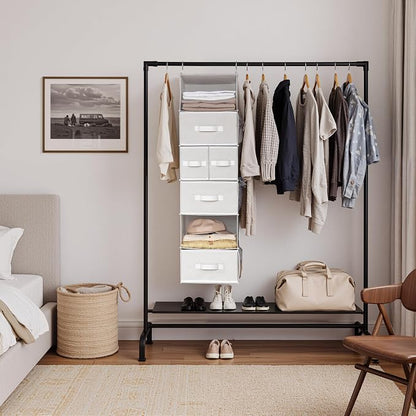 GRANNY SAYS Hanging Closet Organizer and Storage, 6 Shelf Clothes Organization with Drawers, 6 Side Pockets Closet Hanging Shelves for Bras, Socks, Underwear, Nursery Room, Wardrobe, White, 1-Pack
