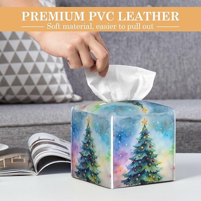 Tissue Box Cover,Christmas Tree Tissue Box Holder Waterproof Leather Facial Paper Organizer Dispenser for Bathroom Home Car Nightstand Vanity