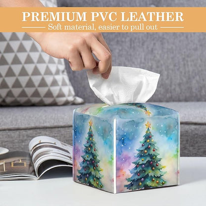 Tissue Box Cover,Christmas Tree Tissue Box Holder Waterproof Leather Facial Paper Organizer Dispenser for Bathroom Home Car Nightstand Vanity