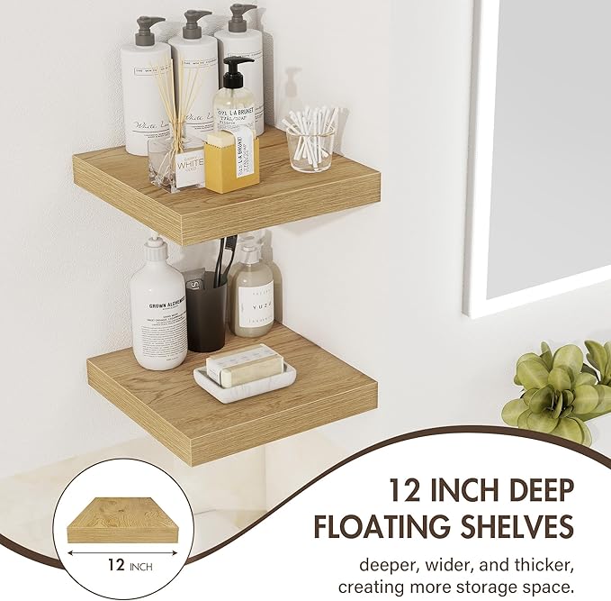 Acovy 12 Inch Floating Shelves, 12" Deep Floating Shelf Wall Mounted, 12" Wall Shelves, Rustic Deep Bookshelf, Extra Deeper Display Shelves & Storage Shelves for Bedroom, Living Room, Set of 3