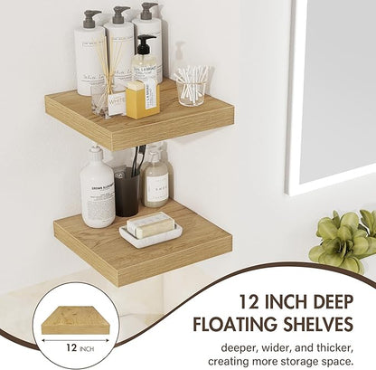 Acovy 12 Inch Floating Shelves, 12" Deep Floating Shelf Wall Mounted, 12" Wall Shelves, Rustic Deep Bookshelf, Extra Deeper Display Shelves & Storage Shelves for Bedroom, Living Room, Set of 3