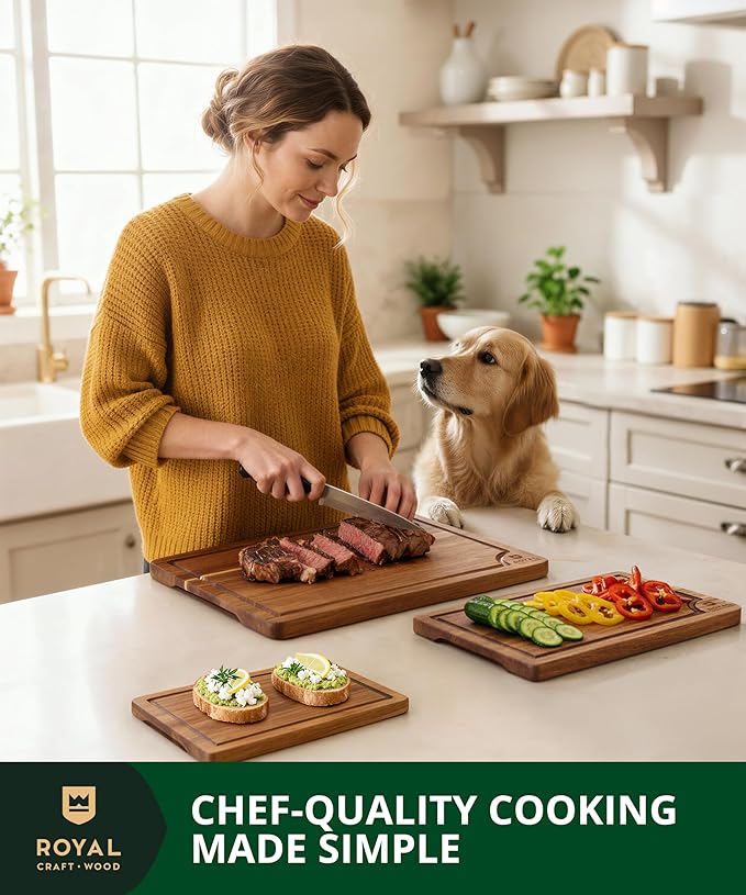 ROYAL CRAFT WOOD Wooden Cutting Boards for Kitchen Meal Prep & Serving - Bamboo Wood Serving Board Set with Deep Juice Groove Side Handles - Charcuterie & Chopping Butcher Block for Meat