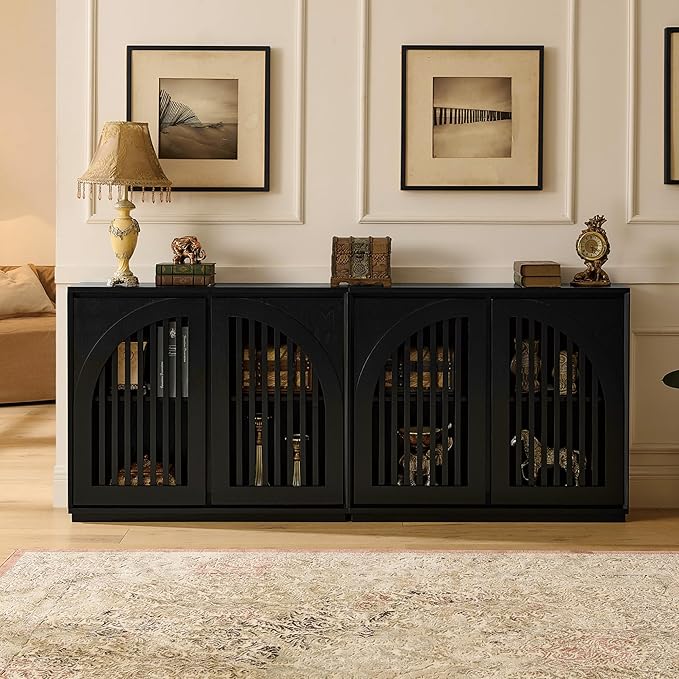 LKTART Sideboard Buffet Cabinet with Storage, Mid Century Modern Credenza with Arch Doors & Shelves, Wood Coffee Bar Media Console Table for Kitchen, Living Room, Entryway-Black