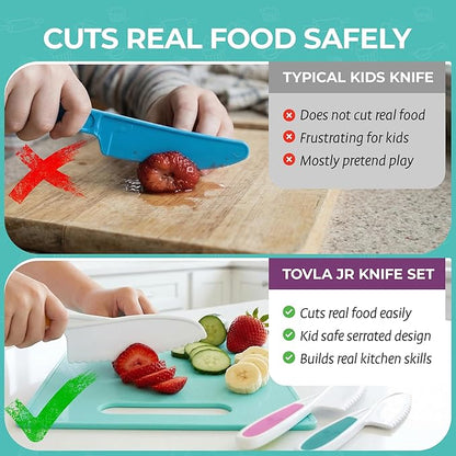 Tovla Jr Kids Safe Knife Set for Real Cooking | Toddler Knife Set with Chopper and Cutting Boards | Montessori Kitchen Tools with Visual Recipe Booklet | Ages 4 to 10