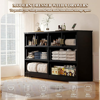 Dresser for Bedroom with Power Outlets Wide Chest of Drawers with 8 Drawers Modern Wooden Dressers with Metal Handle Large Closet Store Organizer for Bedroom Living Room Hallway Closet Black