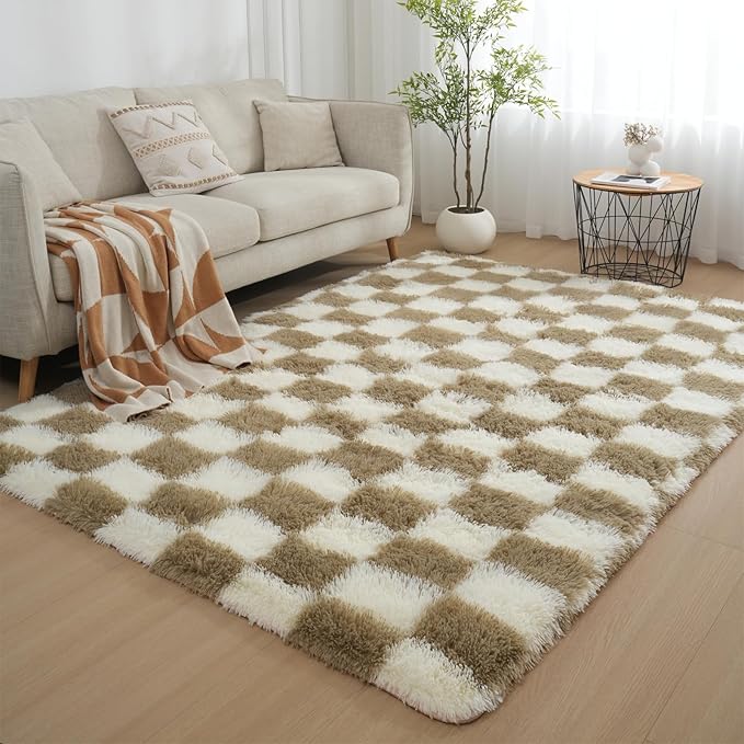 Checkered Area Rugs for Living Room 8x10, Fluffy Beige and White Checkered Rug Fuzzy Shag Shaggy Carpets for Bedroom, Soft Plush Furry Rug for Teen Room Dorm Home Decor