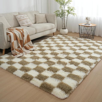 Checkered Area Rugs for Living Room 8x10, Fluffy Beige and White Checkered Rug Fuzzy Shag Shaggy Carpets for Bedroom, Soft Plush Furry Rug for Teen Room Dorm Home Decor